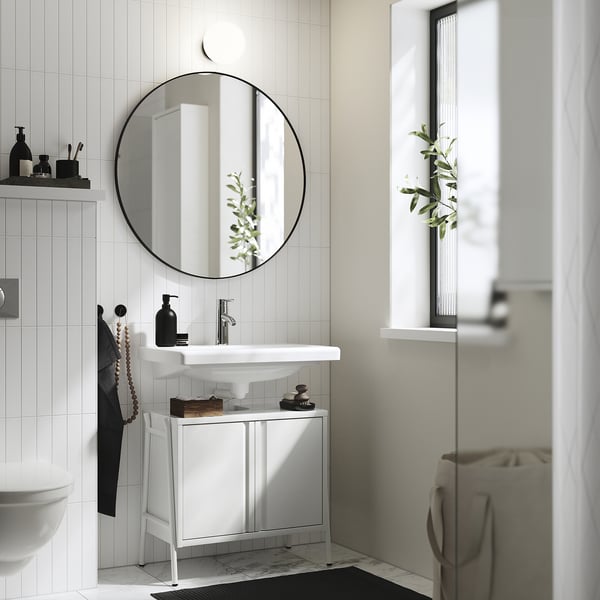 BYASJÖN wash-basin base cabinet, with doors high-gloss/white, 66x37x59 cm