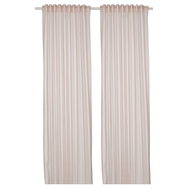 BYMOTT curtains, 1 pair, white/beige striped/with heading tape, 120x300 cm