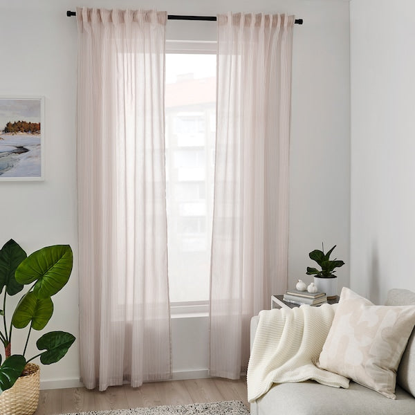 BYMOTT curtains, 1 pair, white/beige striped/with heading tape, 120x300 cm