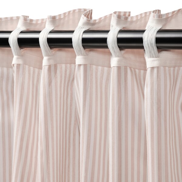 BYMOTT curtains, 1 pair, white/beige striped/with heading tape, 120x300 cm