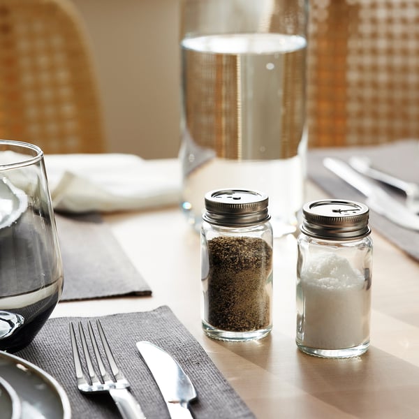 CITRONHAJ salt and pepper shakers, clear glass/stainless steel, 8 cm, 2 pack