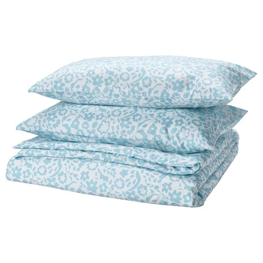 Ikea CYMBALBLOMMA - Duvet cover and 2 pillowcases, white/blue,240x220/50x80 cm