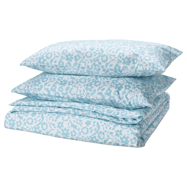 CYMBALBLOMMA duvet cover and 2 pillowcases, white/blue, 240x220/50x80 cm