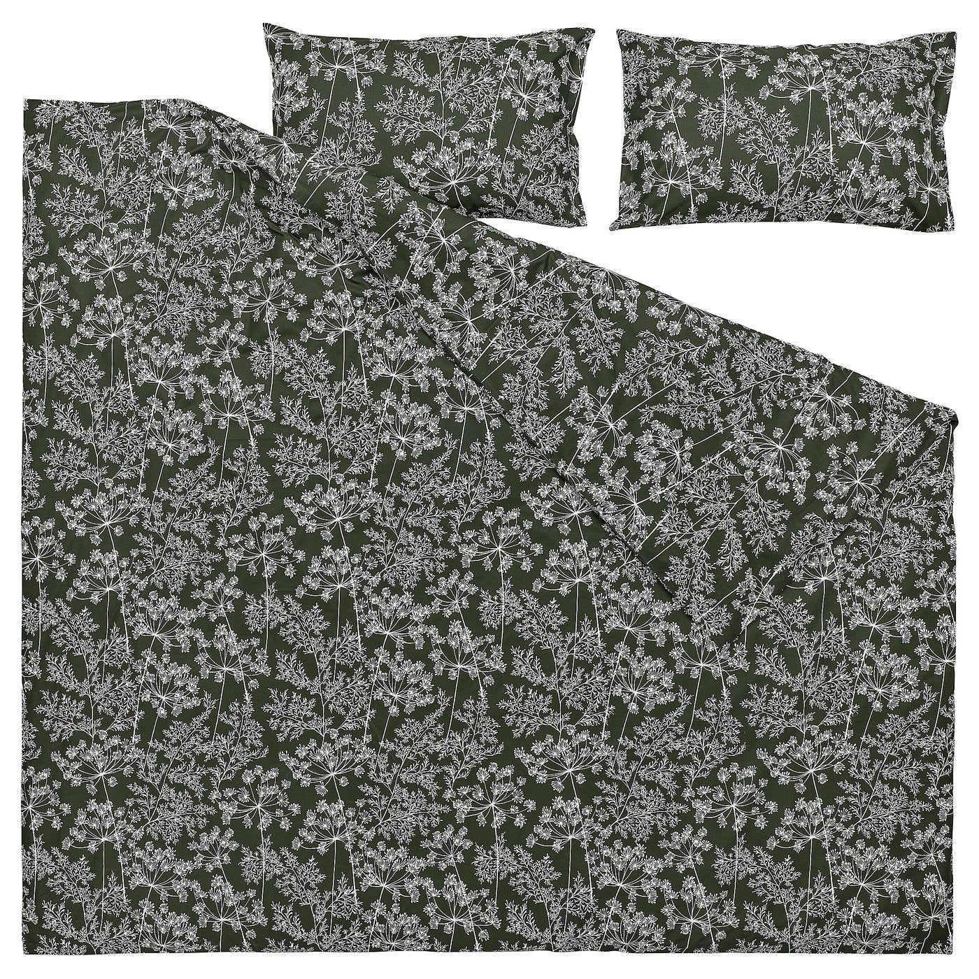 DAGGBJÖRNBÄR duvet cover and 2 pillowcases, dark green/floral pattern, 240x220/50x80 cm