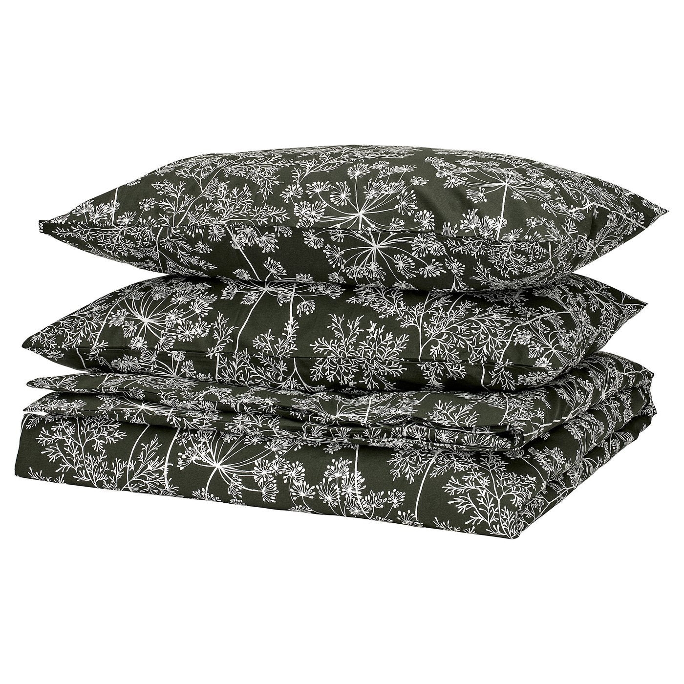 DAGGBJÖRNBÄR duvet cover and 2 pillowcases, dark green/floral pattern, 240x220/50x80 cm