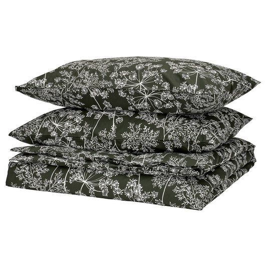 DAGGBJÖRNBÄR duvet cover and 2 pillowcases, dark green/floral pattern, 240x220/50x80 cm