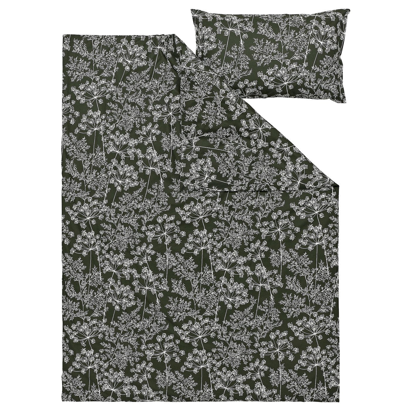 DAGGBJÖRNBÄR duvet cover and pillowcase, dark green/floral pattern, 150x200/50x80 cm