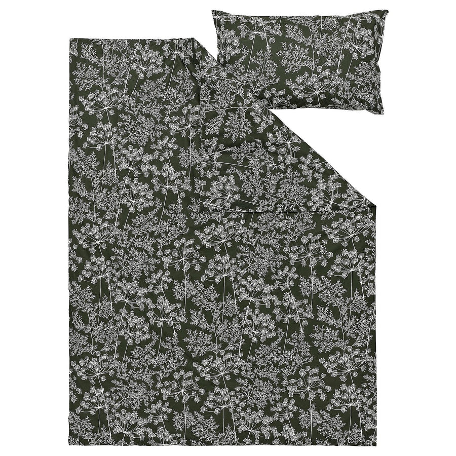 DAGGBJÖRNBÄR duvet cover and pillowcase, dark green/floral pattern, 150x200/50x80 cm