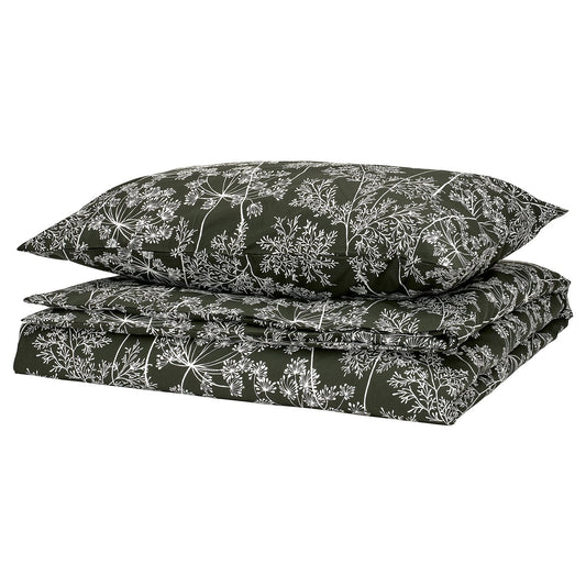 DAGGBJÖRNBÄR duvet cover and pillowcase, dark green/floral pattern, 150x200/50x80 cm