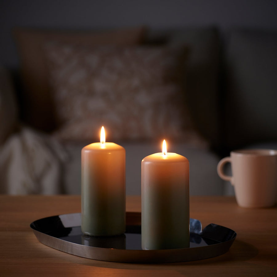 DAGLIGEN unscented pillar candle, grey-beige, 14 cm 40 hr