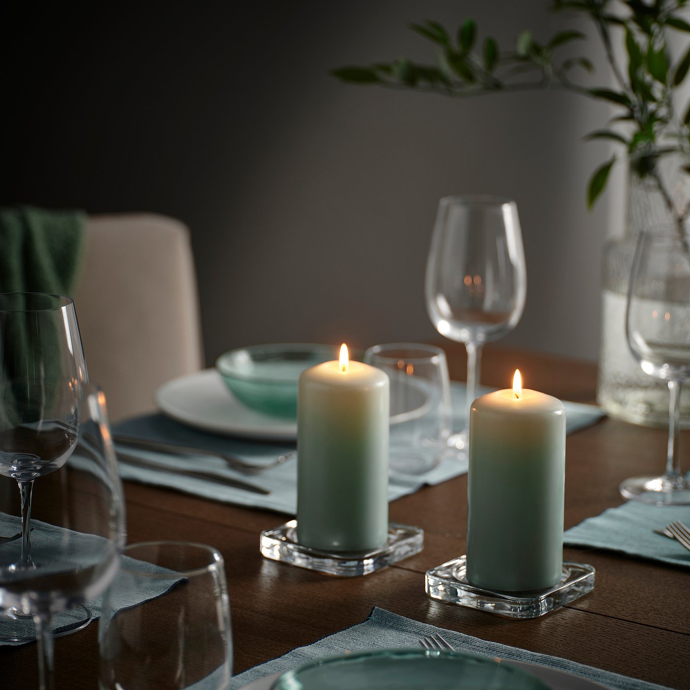 DAGLIGEN unscented pillar candle, light grey-green, 14 cm 40 hr