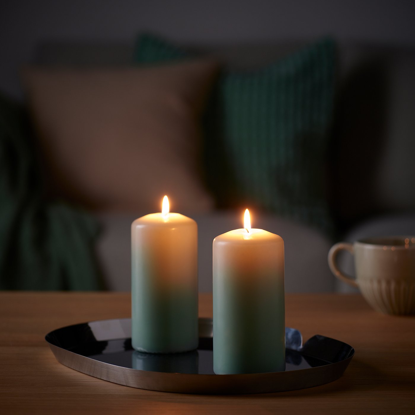 DAGLIGEN unscented pillar candle, light grey-green, 14 cm 40 hr