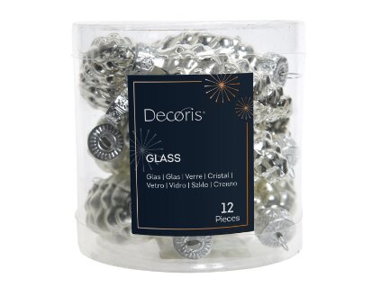 12 SILVER GLASS PINECONES 2.5X6CM