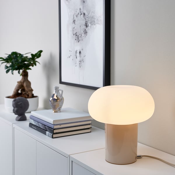 DEJSA table lamp, beige/opal white glass, 28 cm