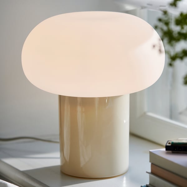 DEJSA table lamp, beige/opal white glass, 28 cm