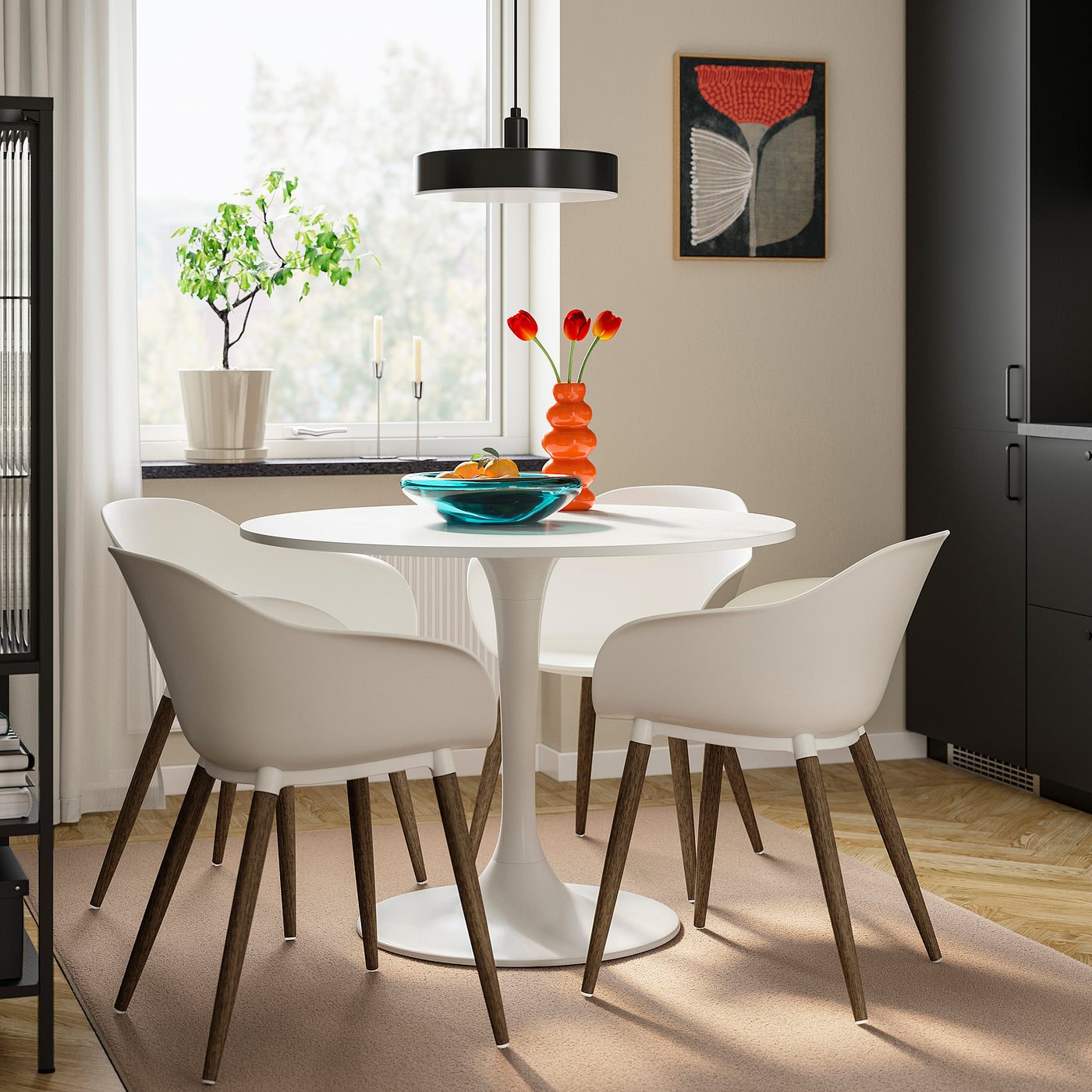 DOCKSTA / GRÖNSTA table and 4 chairs with armrests, white/white, 103 cm