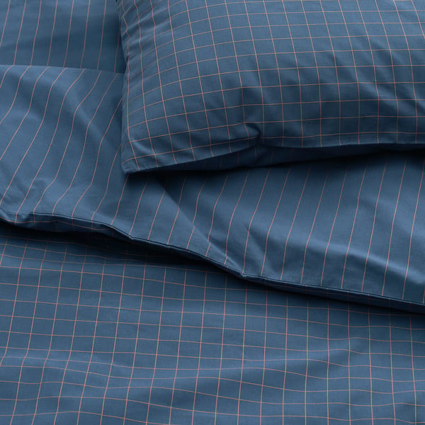 DOFTAKLEJA duvet cover and 2 pillowcases, dark blue/light brown, 240x220/50x80 cm