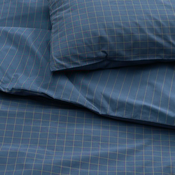 DOFTAKLEJA - DOFTAKLEJA Duvet cover and 2 pillowcases, dark blue/light brown, 240x220/50x80 cm