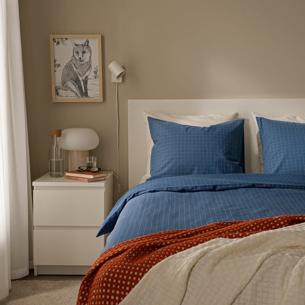 DOFTAKLEJA duvet cover and 2 pillowcases, dark blue/light brown, 240x220/50x80 cm