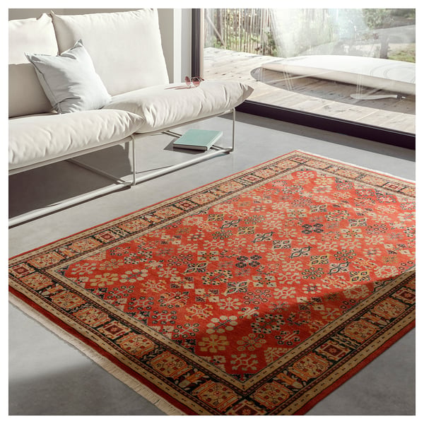 DOFTMYSKGRÄS rug, low pile, red floral pattern/handmade, 240x170 cm
