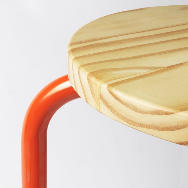DOMSTEN stool, orange/pine, 34 cm
