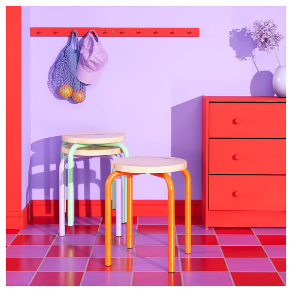 DOMSTEN stool, orange/pine, 34 cm