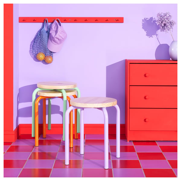 DOMSTEN stool, lilac/pine, 34 cm