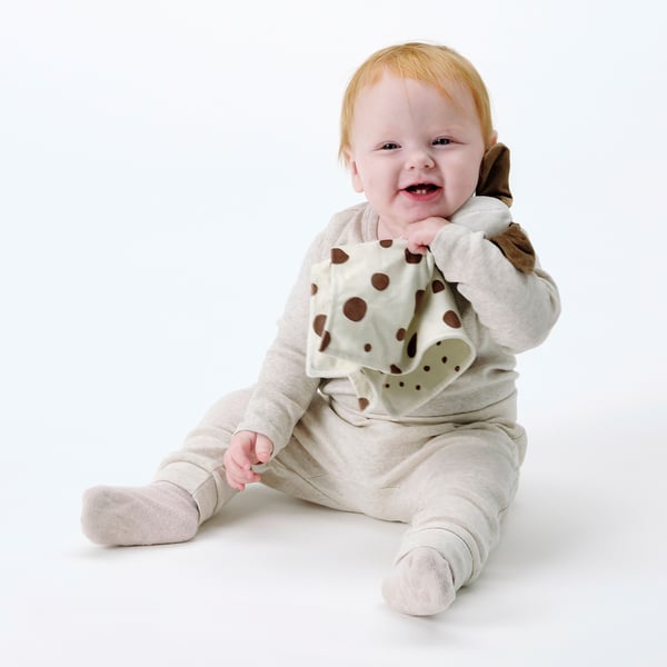 DRÖMSLOTT comfort blanket with soft toy, puppy-shaped white/brown, 30x30 cm