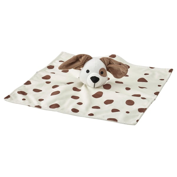 DRÖMSLOTT comfort blanket with soft toy, puppy-shaped white/brown, 30x30 cm