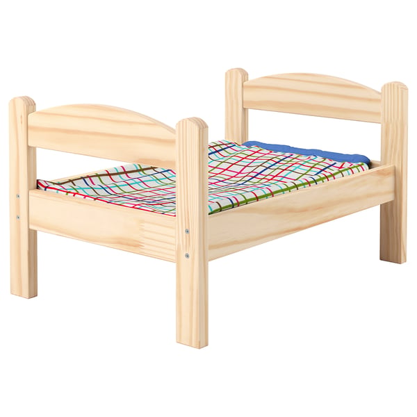 DUKTIG doll's bed with bedlinen set, pine/multicolour, 52x36 cm