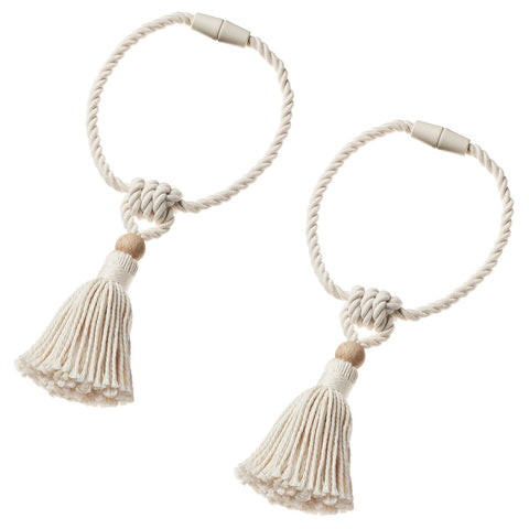 DUNFLÄTA magnetic curtain tie-back, off-white/tassel, 2 pack