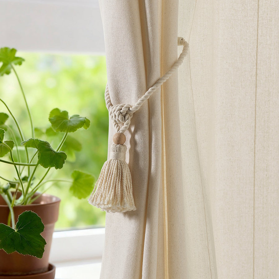 DUNFLÄTA magnetic curtain tie-back, off-white/tassel, 2 pack