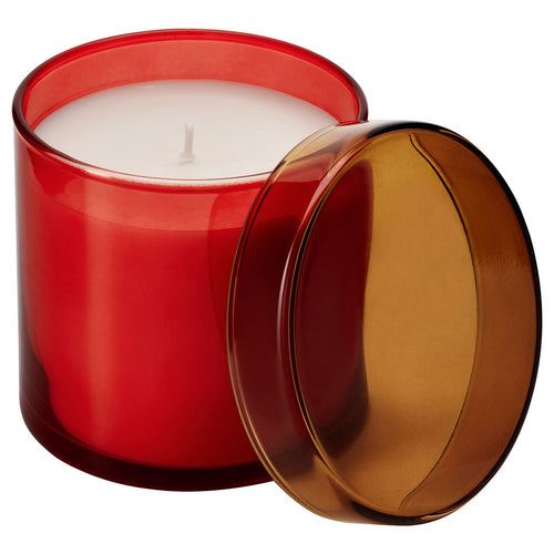 DVÄRGHÖK scented candle in glass with lid, Citrus flower red-orange/yellow-brown, 50 hr