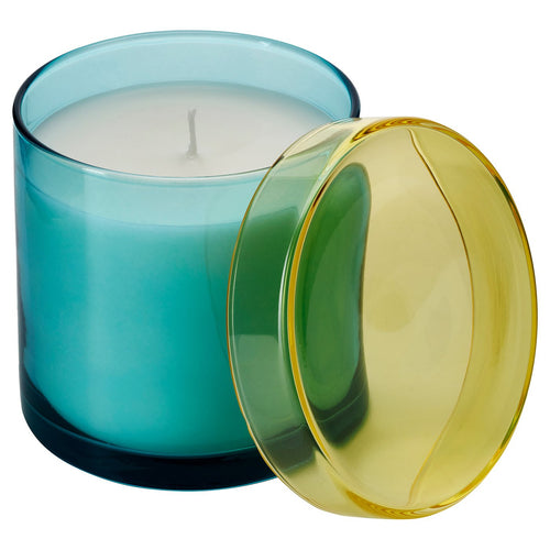 DVÄRGHÖK scented candle in glass with lid, Fig leaf blue/light yellow, 50 hr