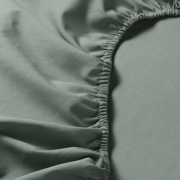 DVALA - Sheet with corners, grey-green, 140x200 cm