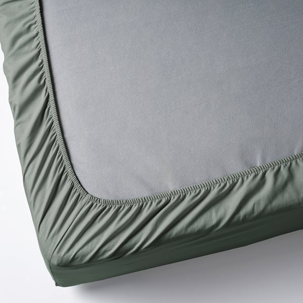 DVALA - Sheet with corners, grey-green, 140x200 cm