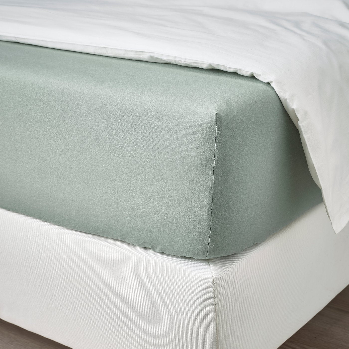 DVALA fitted sheet, grey-green, 140x200 cm