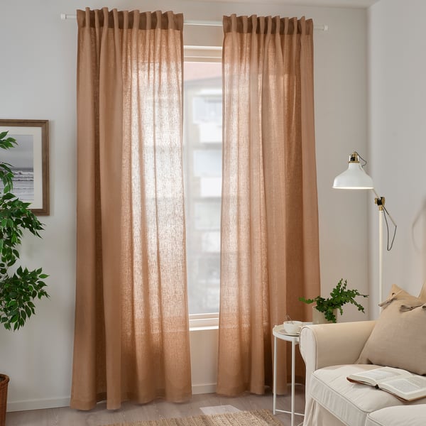 DYTÅG curtains, 1 pair, dark beige/with heading tape, 300x145 cm