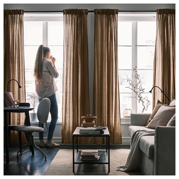 DYTÅG curtains, 1 pair, dark beige/with heading tape, 300x145 cm