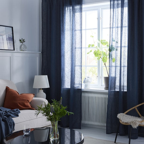 DYTÅG curtains, 1 pair, dark blue/with heading tape, 145x300 cm