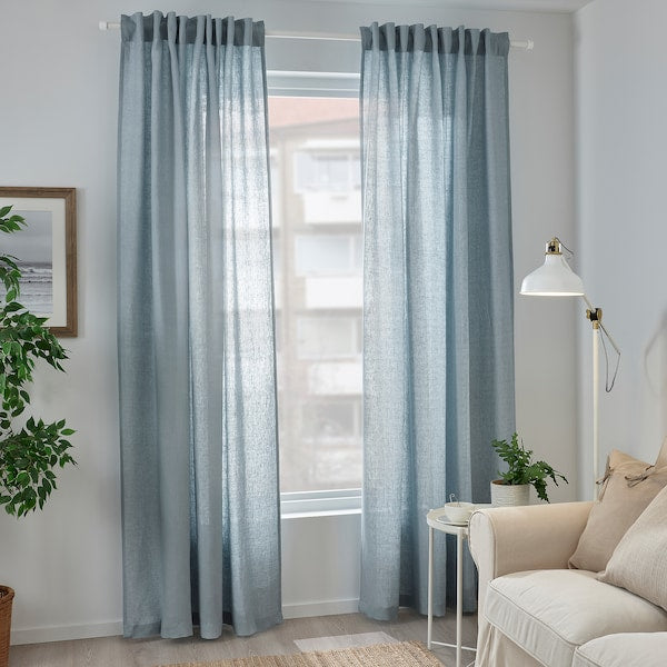 DYTÅG curtains, 1 pair, grey-blue/with heading tape, 145x300 cm
