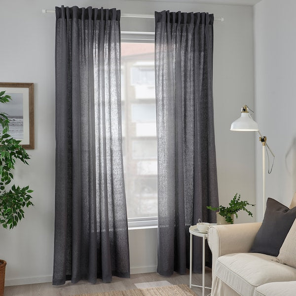 DYTÅG curtains, 1 pair, dark grey/with heading tape, 145x300 cm