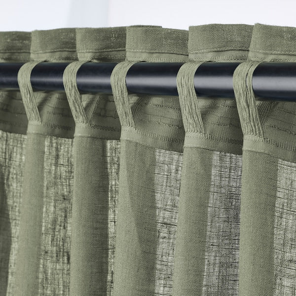 DYTÅG curtains, 1 pair, grey-green/with heading tape, 145x300 cm