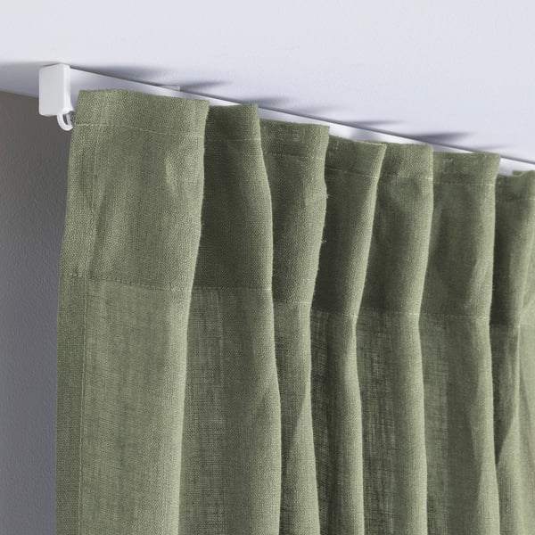 DYTÅG curtains, 1 pair, grey-green/with heading tape, 145x300 cm