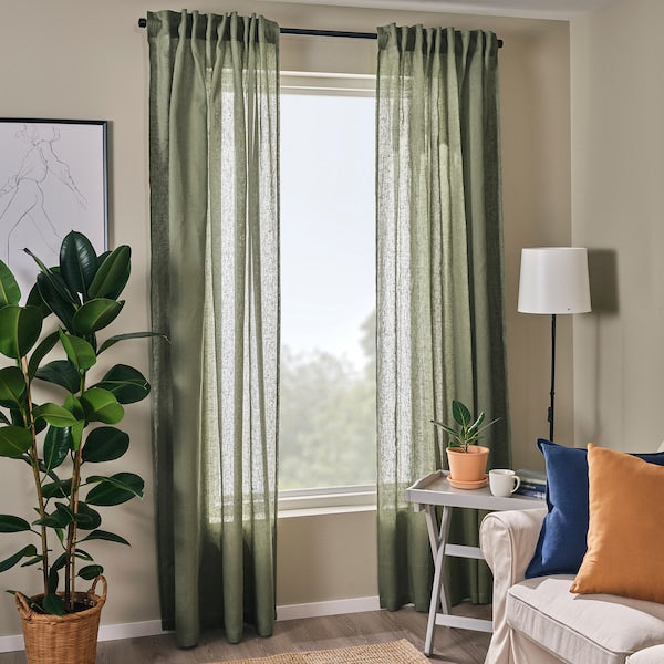 DYTÅG curtains, 1 pair, grey-green/with heading tape, 145x300 cm