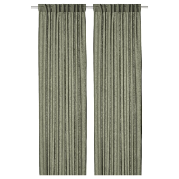 DYTÅG curtains, 1 pair, grey-green/with heading tape, 145x300 cm