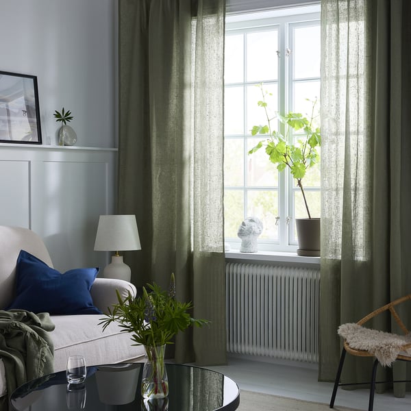 DYTÅG curtains, 1 pair, grey-green/with heading tape, 145x300 cm