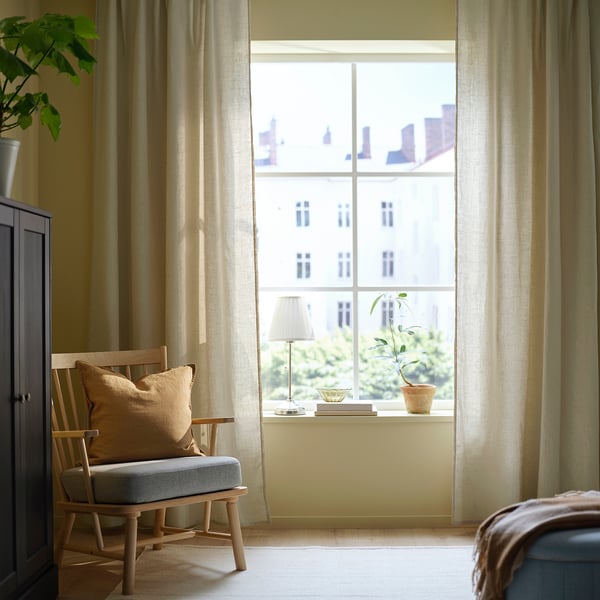 DYTÅG curtains, 1 pair, linen beige/with heading tape, 145x300 cm