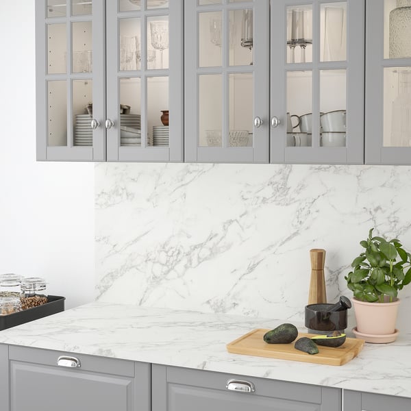 EKBACKEN worktop, white lively marble effect/laminate, 246x2.8 cm