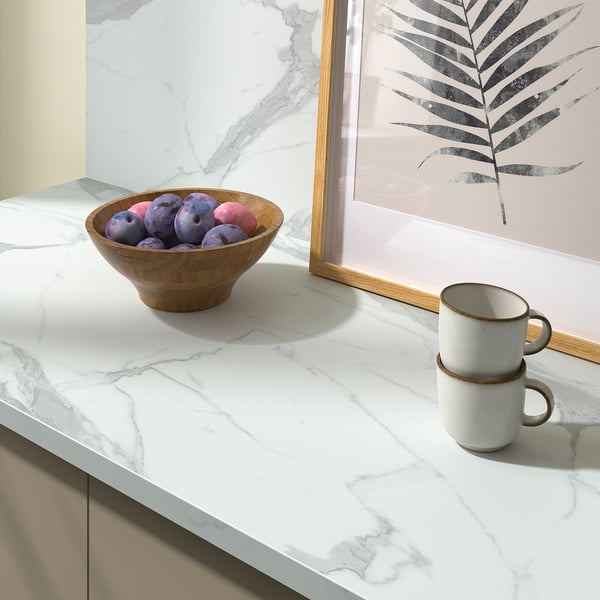 EKBACKEN worktop, white marble effect/laminate, 246x2.8 cm